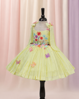 Net cotta Sleeveless Floral Embroidered Knee-Length Frock with Bow Tie on Shoulder - Yellow (New)