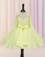 Net cotta Sleeveless Floral Embroidered Knee-Length Frock with Bow Tie on Shoulder - Yellow (New)