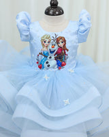 Net Puff Sleeve Frozen Character-Themed Calf-Length Frock - Dusty Blue (New)