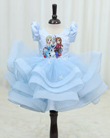 Net Puff Sleeve Frozen Character-Themed Calf-Length Frock - Dusty Blue (New)