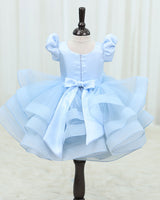 Net Puff Sleeve Frozen Character-Themed Calf-Length Frock - Dusty Blue (New)