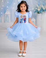 Net Puff Sleeve Frozen Character-Themed Calf-Length Frock - Dusty Blue (New)