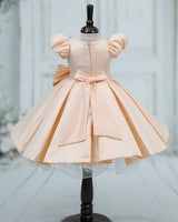 Imported Satin Puff-Sleeve Box-Pleat Bow Knee-Length Frock - Light Wheat (New)