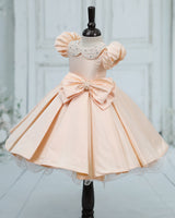 Imported Satin Puff-Sleeve Box-Pleat Bow Knee-Length Frock - Light Wheat (New)
