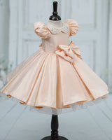 Imported Satin Puff-Sleeve Box-Pleat Bow Knee-Length Frock - Light Wheat (New)