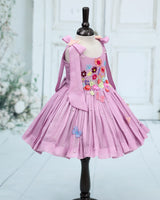 Net cotta Sleeveless Floral Embroidered Knee-Length Frock with Bow Tie on Shoulder - Lavender (New)