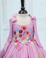 Net cotta Sleeveless Floral Embroidered Knee-Length Frock with Bow Tie on Shoulder - Lavender (New)