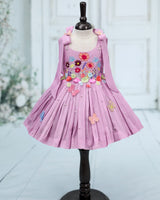 Net cotta Sleeveless Floral Embroidered Knee-Length Frock with Bow Tie on Shoulder - Lavender (New)