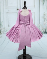 Net cotta Sleeveless Floral Embroidered Knee-Length Frock with Bow Tie on Shoulder - Lavender (New)
