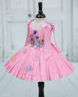 Net cotta Sleeveless Floral Embroidered Knee-Length Frock with Bow Tie on Shoulder - Baby Pink (New)