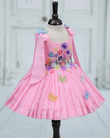 Net cotta Sleeveless Floral Embroidered Knee-Length Frock with Bow Tie on Shoulder - Baby Pink (New)