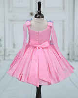 Net cotta Sleeveless Floral Embroidered Knee-Length Frock with Bow Tie on Shoulder - Baby Pink (New)