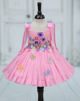Net cotta Sleeveless Floral Embroidered Knee-Length Frock with Bow Tie on Shoulder - Baby Pink (New)
