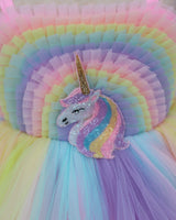 Net Strap-Sleeve Fantasy Unicorn & Rainbow Knee-Length Frock - Rainbow Colours (New)