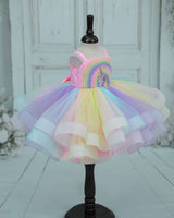 Net Strap-Sleeve Fantasy Unicorn & Rainbow Knee-Length Frock - Rainbow Colours (New)