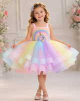 Net Strap-Sleeve Fantasy Unicorn & Rainbow Knee-Length Frock - Rainbow Colours (New)