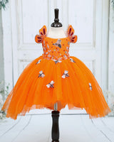 Tangerine Orange Gold Net Satin Honeybee-Themed High-Low Knee-Length Gown for Baby Girl (NEW)