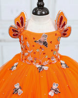 Tangerine Orange Gold Net Satin Honeybee-Themed High-Low Knee-Length Gown for Baby Girl (NEW)