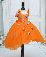 Tangerine Orange Gold Net Satin Honeybee-Themed High-Low Knee-Length Gown for Baby Girl (NEW)