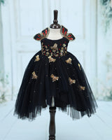 Net Sleeveless High-Low Honeybee themed yoke Knee-Length Gown - Black(New)