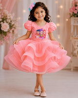 Net Puff Sleeve Huntrix-Themed Calf-Length Frock - Peach Blush (New)