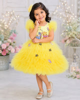 Satin Sleeveless Frill Winnie-the-Pooh themed Knee-Length Gown - Macaron Yellow(New)
