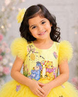 Satin Sleeveless Frill Winnie-the-Pooh themed Knee-Length Gown - Macaron Yellow(New)