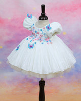 White Leopard Print Puff-Sleeve Floral Appliqué Garden Floral Knee-Length Frock - White