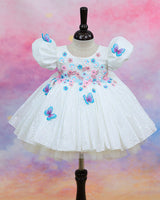 White Leopard Print Puff-Sleeve Floral Appliqué Garden Floral Knee-Length Frock - White