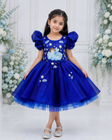 Royal Blue Sapphire Blue Satin Fairy-Print Puff-Sleeve Calf-Length Frock for Girls