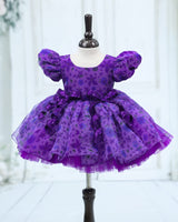 Printed Organza Puff-Sleeve Floral-Print Knee-Length Frock - Purple (New)