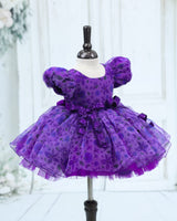 Printed Organza Puff-Sleeve Floral-Print Knee-Length Frock - Purple (New)