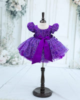 Printed Organza Puff-Sleeve Floral-Print Knee-Length Frock - Purple (New)