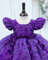 Printed Organza Puff-Sleeve Floral-Print Knee-Length Frock - Purple (New)