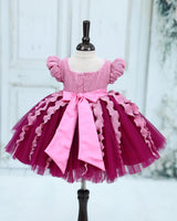 Pleated Satin Puff-Sleeve Fit-and-Flare Floral Knee-Length Frock - Plum Purple (New)