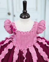 Pleated Satin Puff-Sleeve Fit-and-Flare Floral Knee-Length Frock - Plum Purple (New)