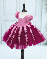 Pleated Satin Puff-Sleeve Fit-and-Flare Floral Knee-Length Frock - Plum Purple (New)