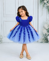 Pleated Satin Puff-Sleeve Fit-and-Flare Floral Knee-Length Frock - Electric Blue and Dusty Blue (New)