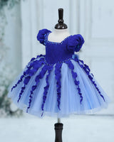 Pleated Satin Puff-Sleeve Fit-and-Flare Floral Knee-Length Frock - Electric Blue and Dusty Blue (New)