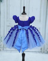 Pleated Satin Puff-Sleeve Fit-and-Flare Floral Knee-Length Frock - Electric Blue and Dusty Blue (New)