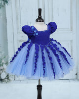 Pleated Satin Puff-Sleeve Fit-and-Flare Floral Knee-Length Frock - Electric Blue and Dusty Blue (New)