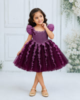 Pleated Satin Puff-Sleeve Fit-and-Flare Floral Knee-Length Frock - Purple Jasper and Dark Plum Purple (New)