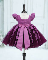 Pleated Satin Puff-Sleeve Fit-and-Flare Floral Knee-Length Frock - Purple Jasper and Dark Plum Purple (New)