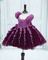 Pleated Satin Puff-Sleeve Fit-and-Flare Floral Knee-Length Frock - Purple Jasper and Dark Plum Purple (New)