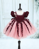 Pleated Satin Puff-Sleeve Fit-and-Flare Floral Knee-Leingth Frock - Choclate brown and Peach Pink(New)