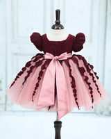 Pleated Satin Puff-Sleeve Fit-and-Flare Floral Knee-Leingth Frock - Choclate brown and Peach Pink(New)