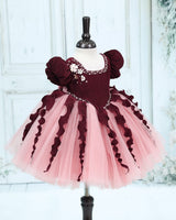 Pleated Satin Puff-Sleeve Fit-and-Flare Floral Knee-Leingth Frock - Choclate brown and Peach Pink(New)