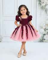 Pleated Satin Puff-Sleeve Fit-and-Flare Floral Knee-Leingth Frock - Choclate brown and Peach Pink(New)