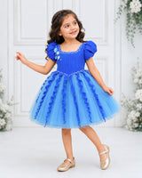 Pleated Satin Puff-Sleeve Fit-and-Flare Floral Knee-Leingth Frock - Cobalt Blue and Saphire Blue (New)