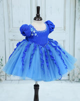 Pleated Satin Puff-Sleeve Fit-and-Flare Floral Knee-Leingth Frock - Cobalt Blue and Saphire Blue (New)